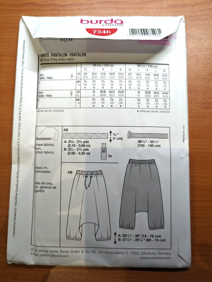 BURDA Young 7546 Sizes US XS-XL Unisex Loose Fitting Pants Uncut - Image 2 of 3