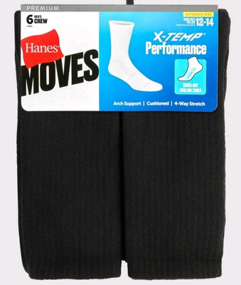 Hanes Moves Premium Socks Size 12-14  X-Temp Performance Black Crew Socks 6 Pair