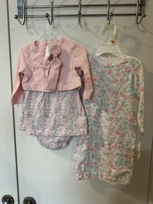 Carter's Baby Girls Pink Floral 3pc Cotton Gown Set Dress Hat 0-3M