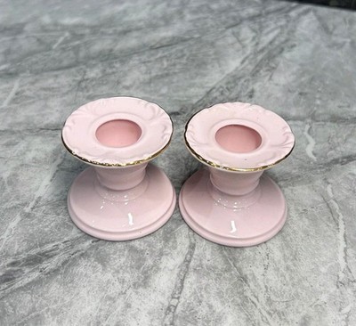 Adderley Vintage kleine rosa Kerzenständer mit Goldrand 2er Set Top Zustand