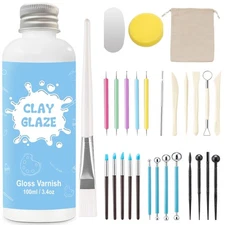 EIGTWEN 100ml Air Dry Clay Glaze and 29pcs Clay tools kit, Gloss Clay Varnish
