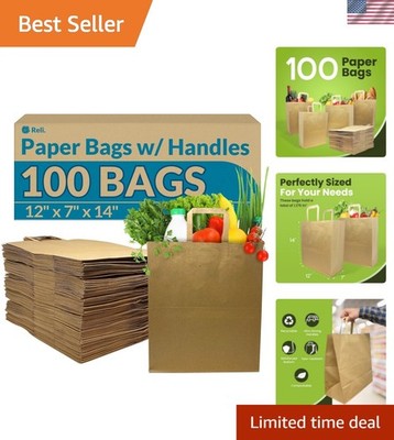 Paper Grocery Bags w/Handles 100 Pcs, Bulk12''x7''x14'' Large Paper Grocery Bags...