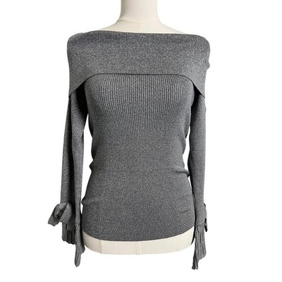 NY&C Off Shoulder Sweater Womens Small Silver Metallic Bow Cuff Party Top