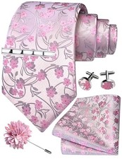 Tie Set for Men Necktie and Pocket Square,Tie Clip,Cufflinks, Lapel Pin Pink