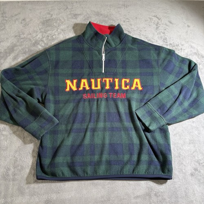 #ad Nautica Lil Yachty Sweatshirt Mens MED Green Plaid 1 4 Zip Fleece Sailing Team $59.95