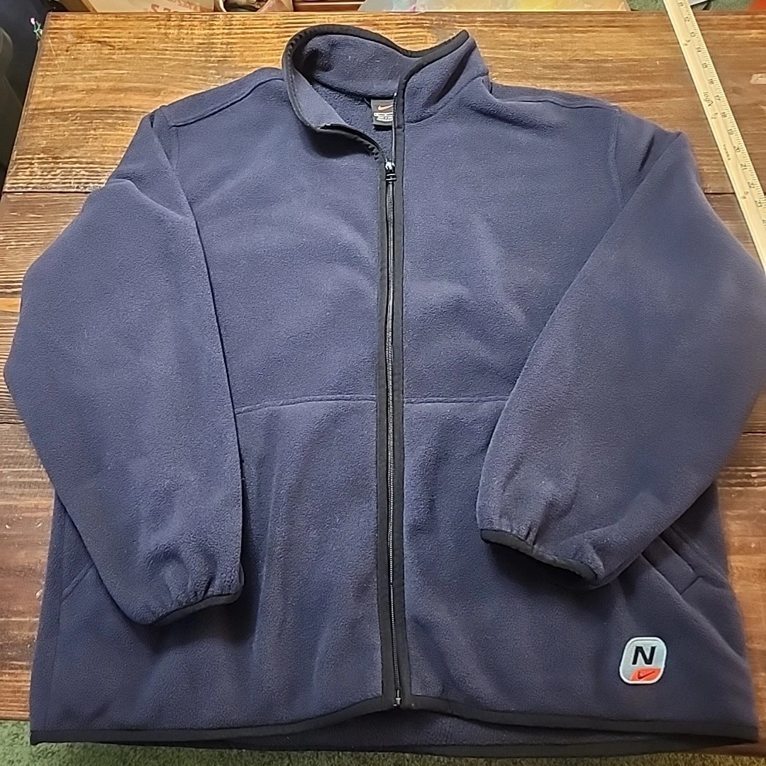 Vintage Nike Men Fleece Jacket Navy Blue Solid Pockets Full Zip size Med Y2K