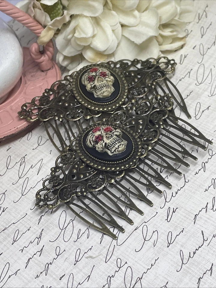 Bronze Barrette Jewelry Hair Combs Cameo Sugar Skull Gothic Day Dead Halloween - Image 3 of 4