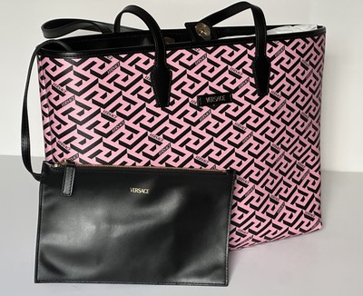 Versace Greca Coated Canvas Leather Pink/Black Tote Bag 1020802 IT NWT $1125