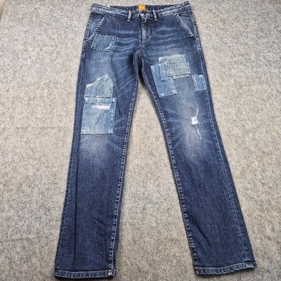 Hugo Boss Jeans Herren W32 L32 Blau Patchwork Denim Distressed Orange63 Chester