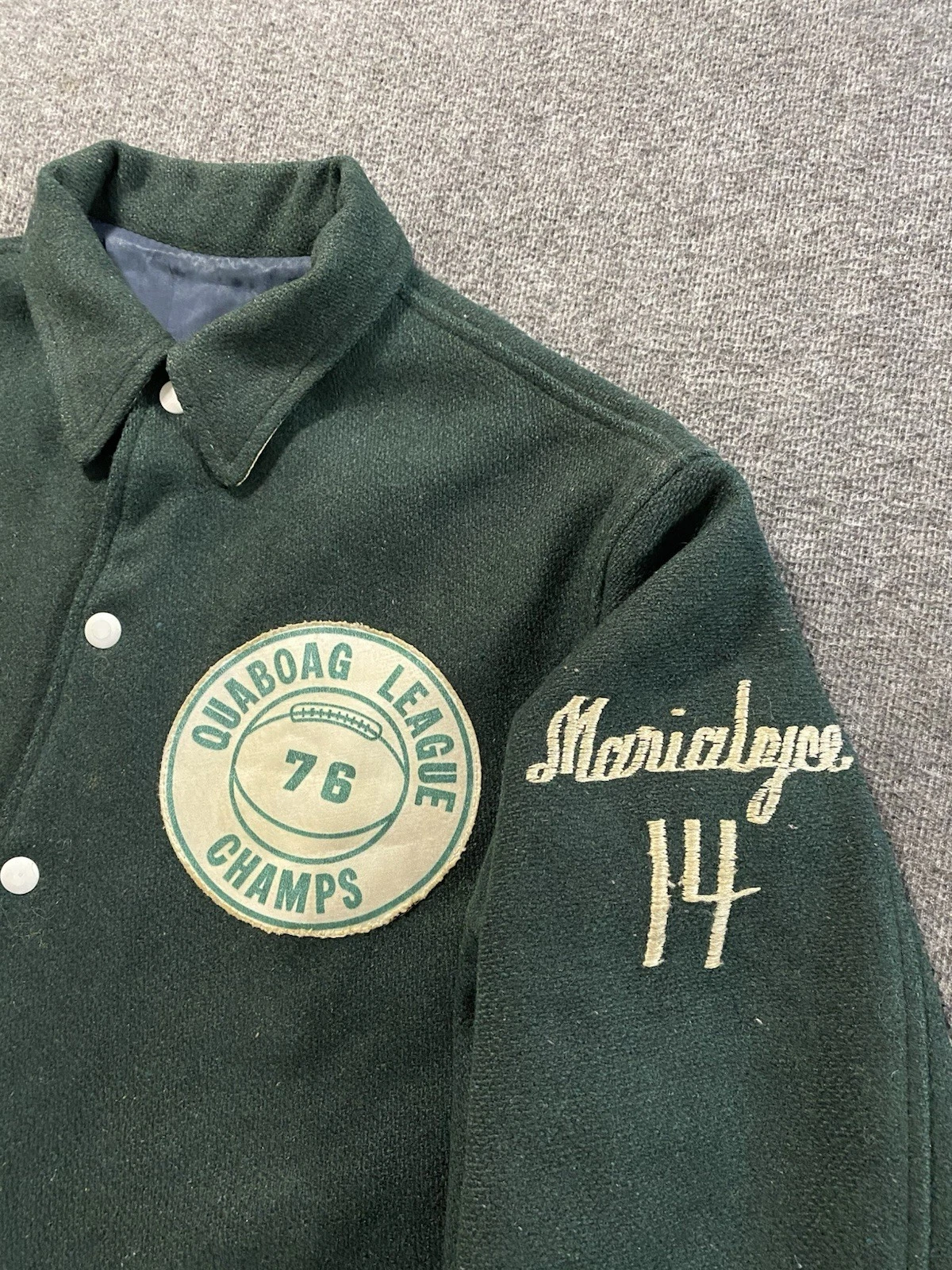 Vintage 70s Varsity Jacket Mens Small Green Wool Preppy Quaboag League Champs image 6