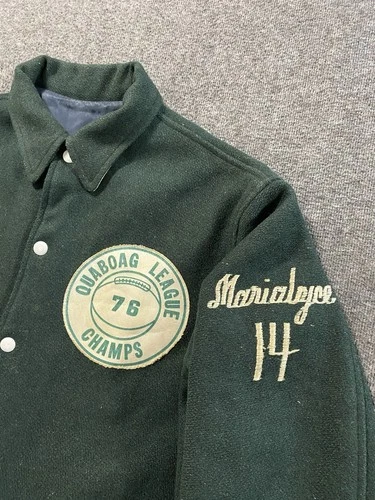 Vintage 70s Varsity Jacket Mens Small Green Wool Preppy Quaboag League Champs image 6