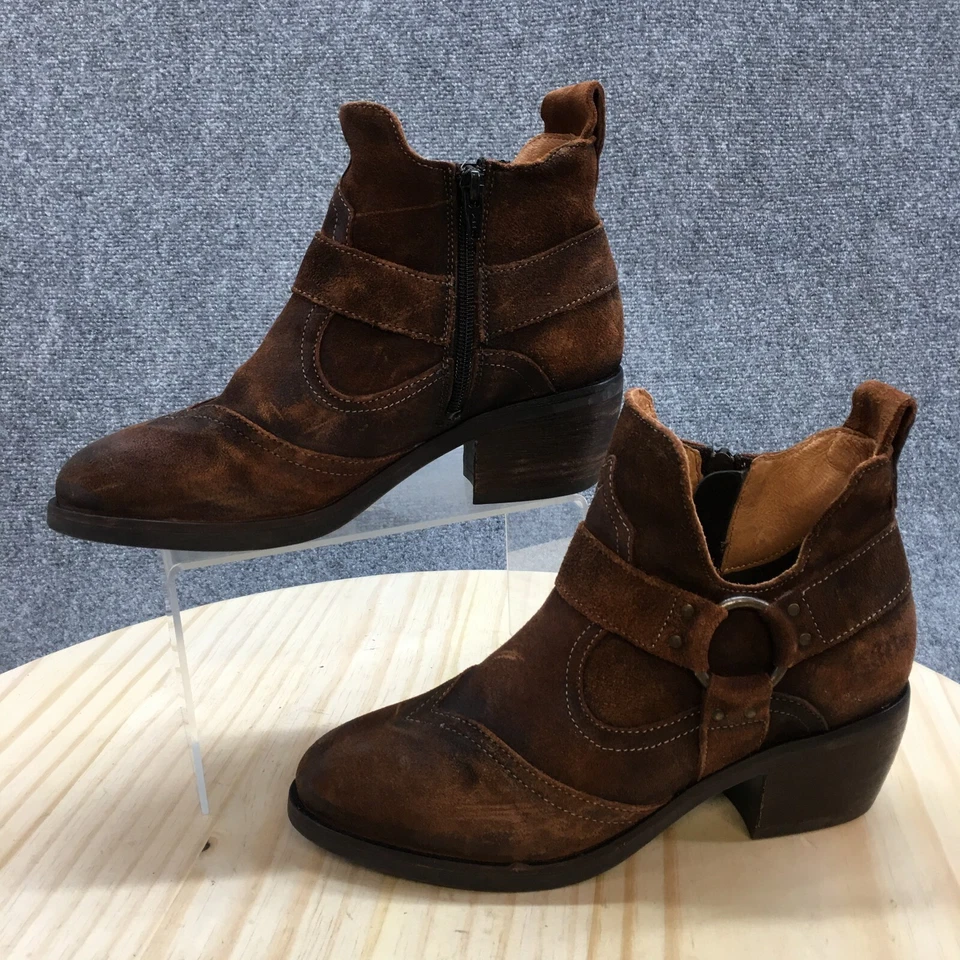 Taos Boots Womens 6-6.5 Harness Ankle Booties Heels Brown Leather Side Zippers - Image 2 of 4