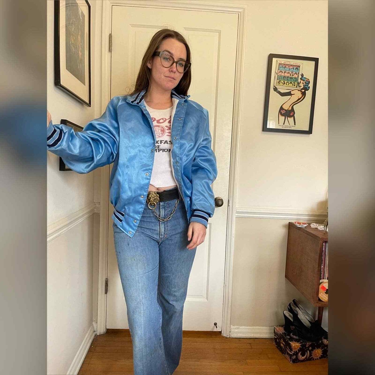 70s-80s Vintage Baby Blue Nylon Satin Construction Bomber | eBay