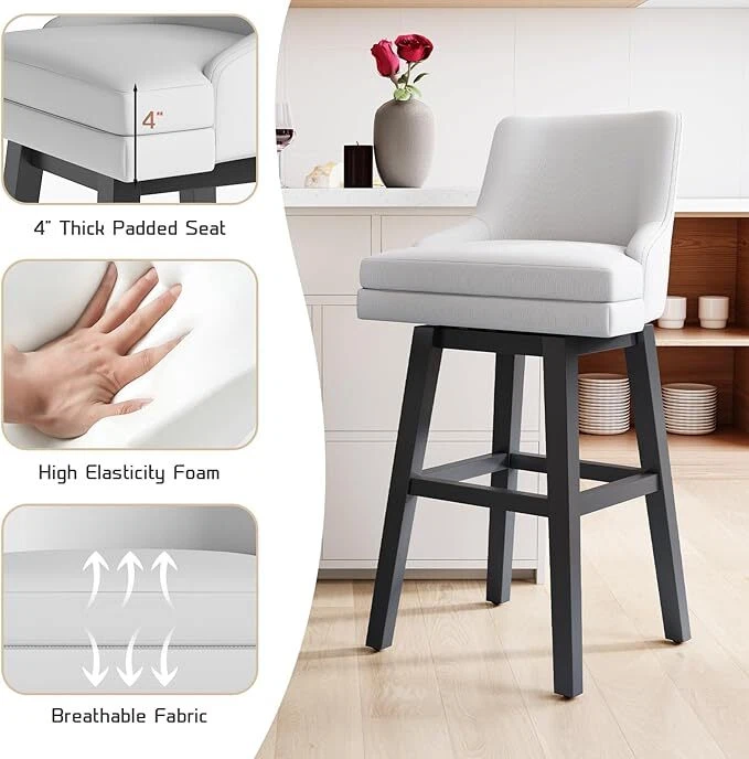 26" Swivel Bar Stools with Back Set of 2/4/6 Upholstered Bar Chairs for Kitchen - Image 2 of 4