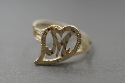 10K Solid Yellow Gold 0.6'' Diamond Cut Heart Initial Letter Band Ring. Size 6.5