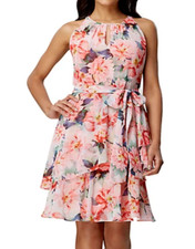 Tahari ASL Sleeveless Floral Chiffon Sleeveless Tiered Dress SZ 2 Coral