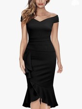 Knitee Women's Off Shoulder V-Neck Ruffle Pleat Waist Bodycon Evening Cocktail S