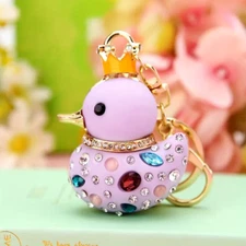 Cute Crown Duck Keychain Colorful Rhinestone Animal Key Chain Ring Bag Purple