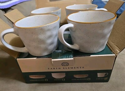 New in Box Earth Elements Textured Stoneware 4 Mugs Set