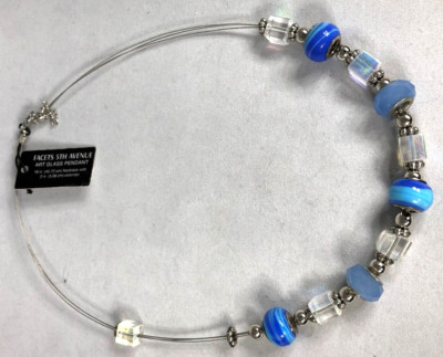 FACETS 5TH AVENUE ART GLASS PENDANT NECKLACE 18'' SILVER TONE BLUE & CLEAR BEADS