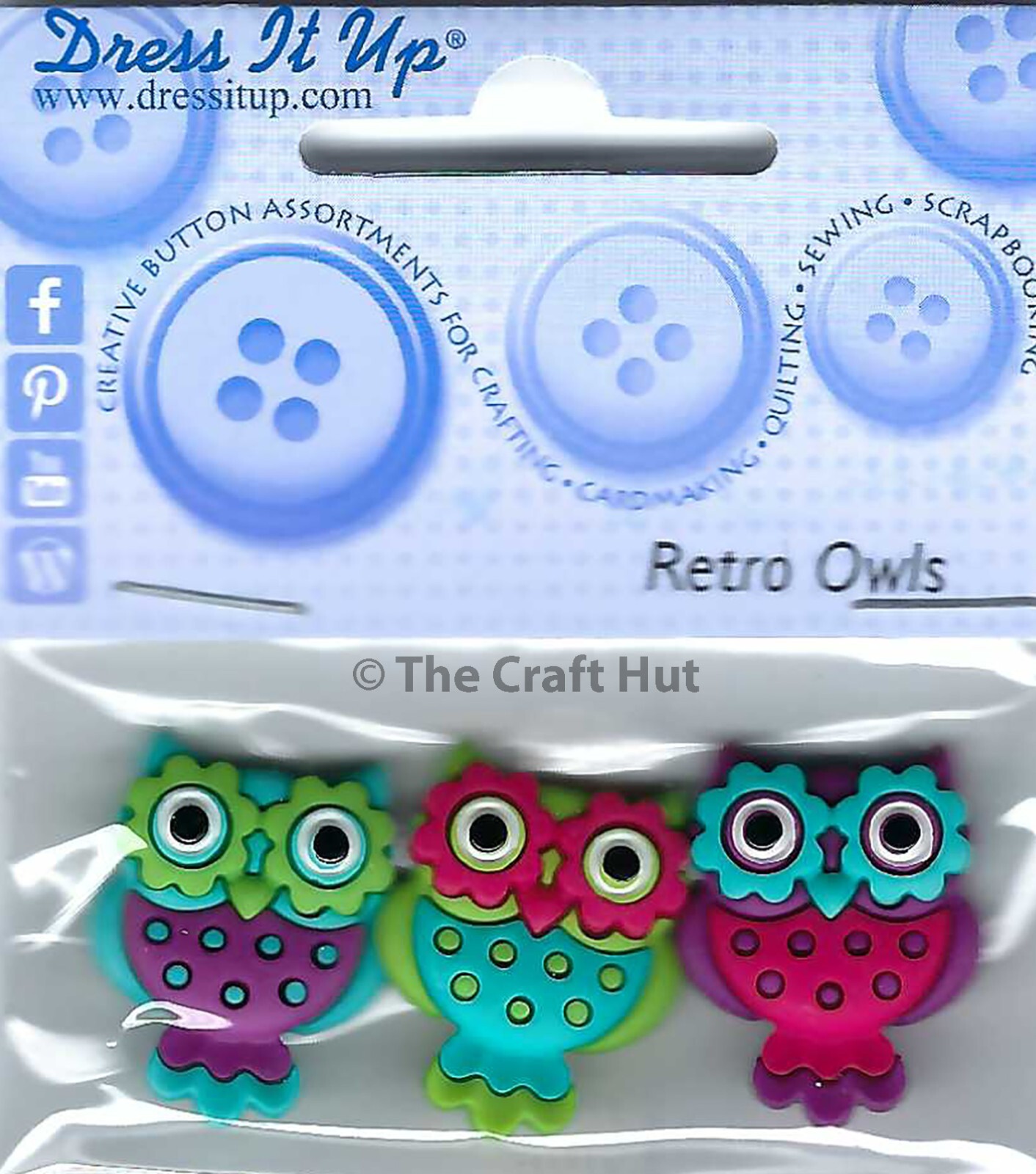 Dress It Up 3 Novelty Shank Buttons Colourful Retro Owls Birds Sew Craft New