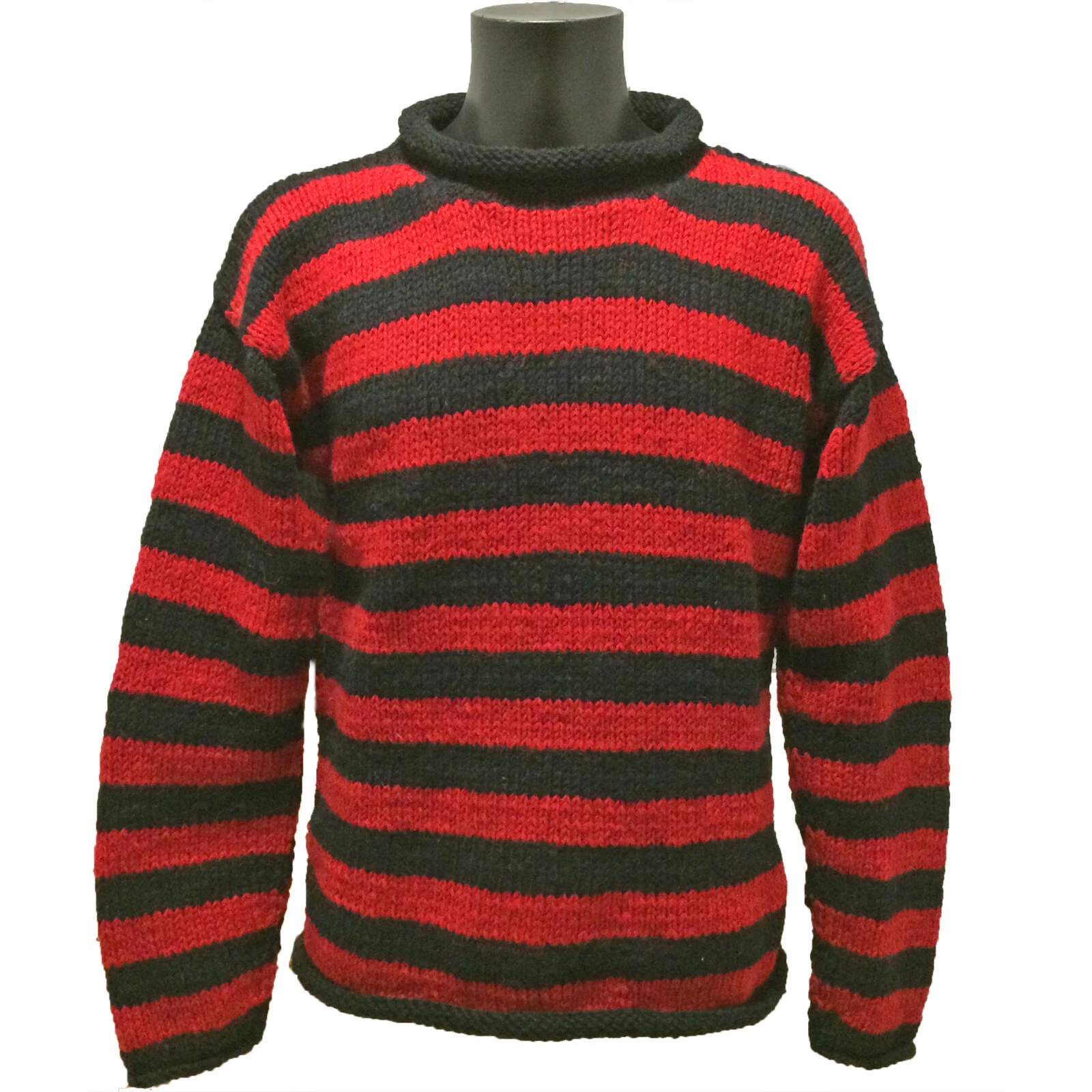 FABULOUS HAND KNITTED LOVELY QUALITY RED BLACK STRIPE JUMPER BEANO KOBAIN KRUGER
