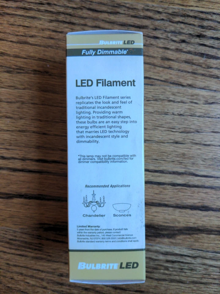 Bulbrite 776659 LED Filament Bulb 2700K 4.5W CA10 Clear 120V Candelabra Base E12 - Image 4 of 4