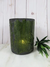 Mosaic Crackle Glass Candle Holder Cup Olive Green Black Mica Grout 4.5 Inch