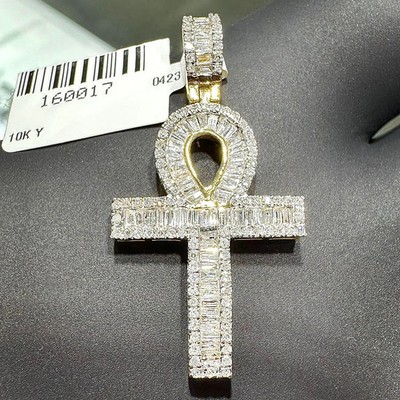 Mens 10k Yellow Gold Genuine Baguette Diamond Ankh Charm Cross Pendant 3/4 Cttw