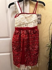 Moana Costume Dress Girls Red White Beaded Fringe Sleeveless One Shoulder