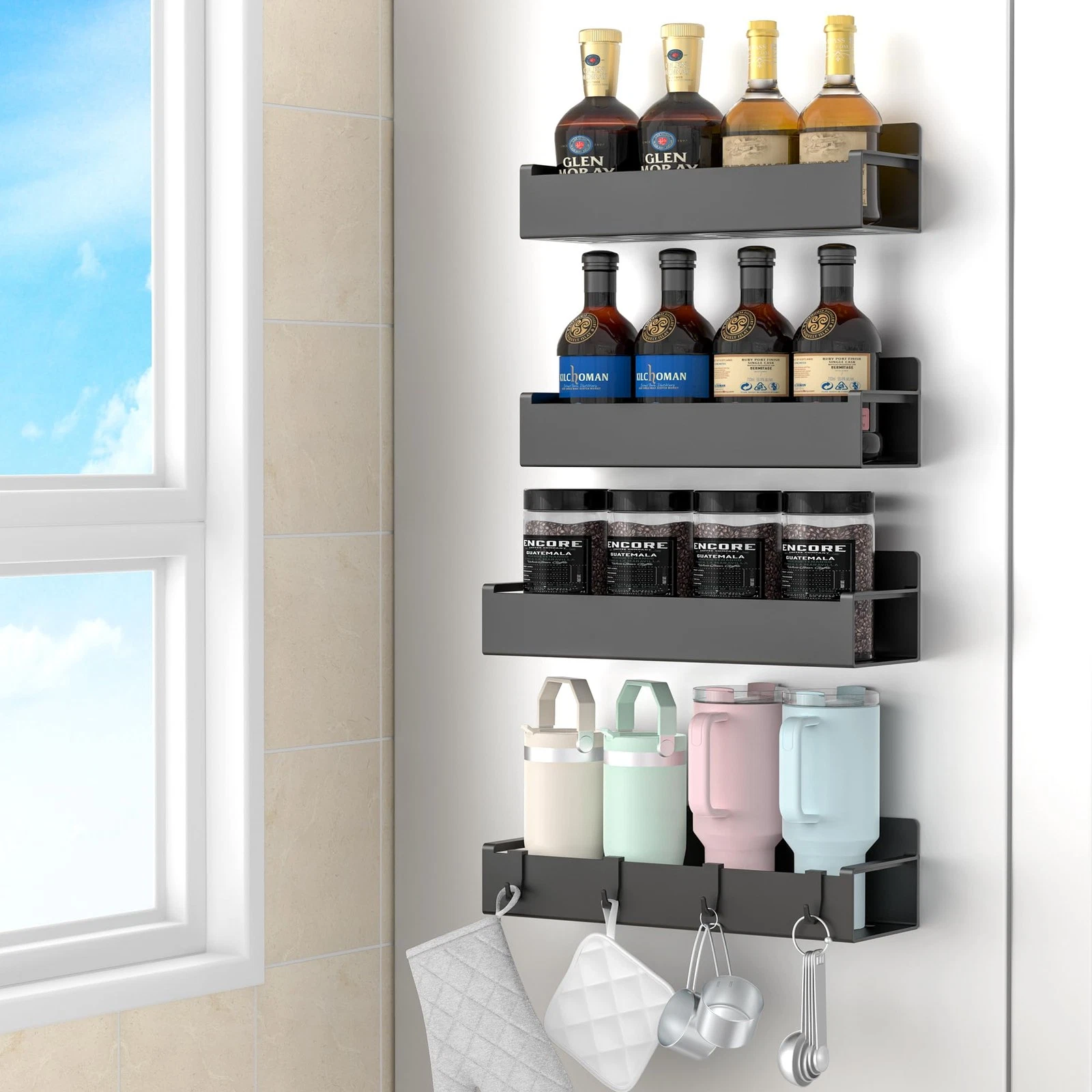 4 Pack Magnetic Spice Rack Organizer for Refrigerator and Oven, Black Fridge ...