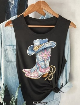 Western Cowgirl Graphic Tank Top Rodeo Turquoise XL