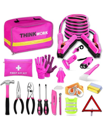 #ad Emergency Car Kit w Tools Jumper Cables First Aid Safety Driver Kit Pink $48.99