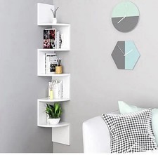 Floating 5 Tier Zig-Zag Corner Shelf – Modern Wooden Wall Mounted Bookshelf Unit