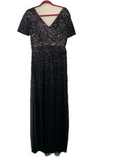 Maya V Neck Tulle Sequined Gown Navy With Bow Size 8 NWT