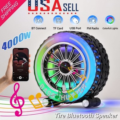 4000W Portable Bluetooth Tire Speaker Sound System LED Lights TF FM Radio USB