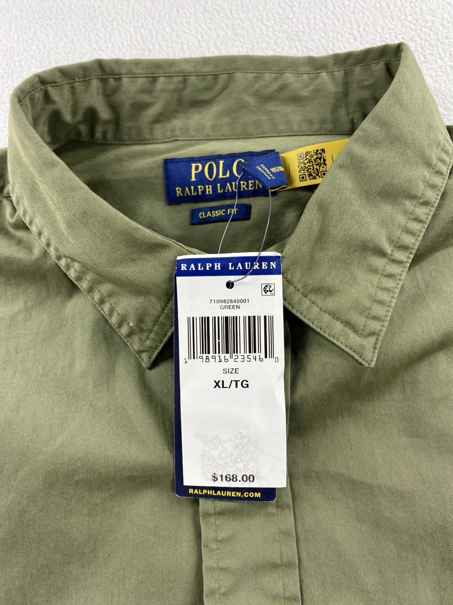 Polo Ralph Lauren Para Hombres Sarga Camisa Utilitaria Para Hombre XL Verde Calce Clásico A Presión NUEVA