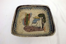 VTG Mexico MEXICAN FOLK ART Tlaquepaque Pottery Square Bowl 8" Man Cactus