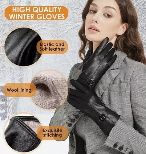 Womens Black Winter Leather Gloves Touchscreen Texting Warm Driving Size Medium - Picture 2 of 8