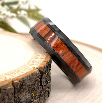 Black Tungsten 8MM Engraved Ring Wooden Inlay Polished Edges Unisex Classic Band