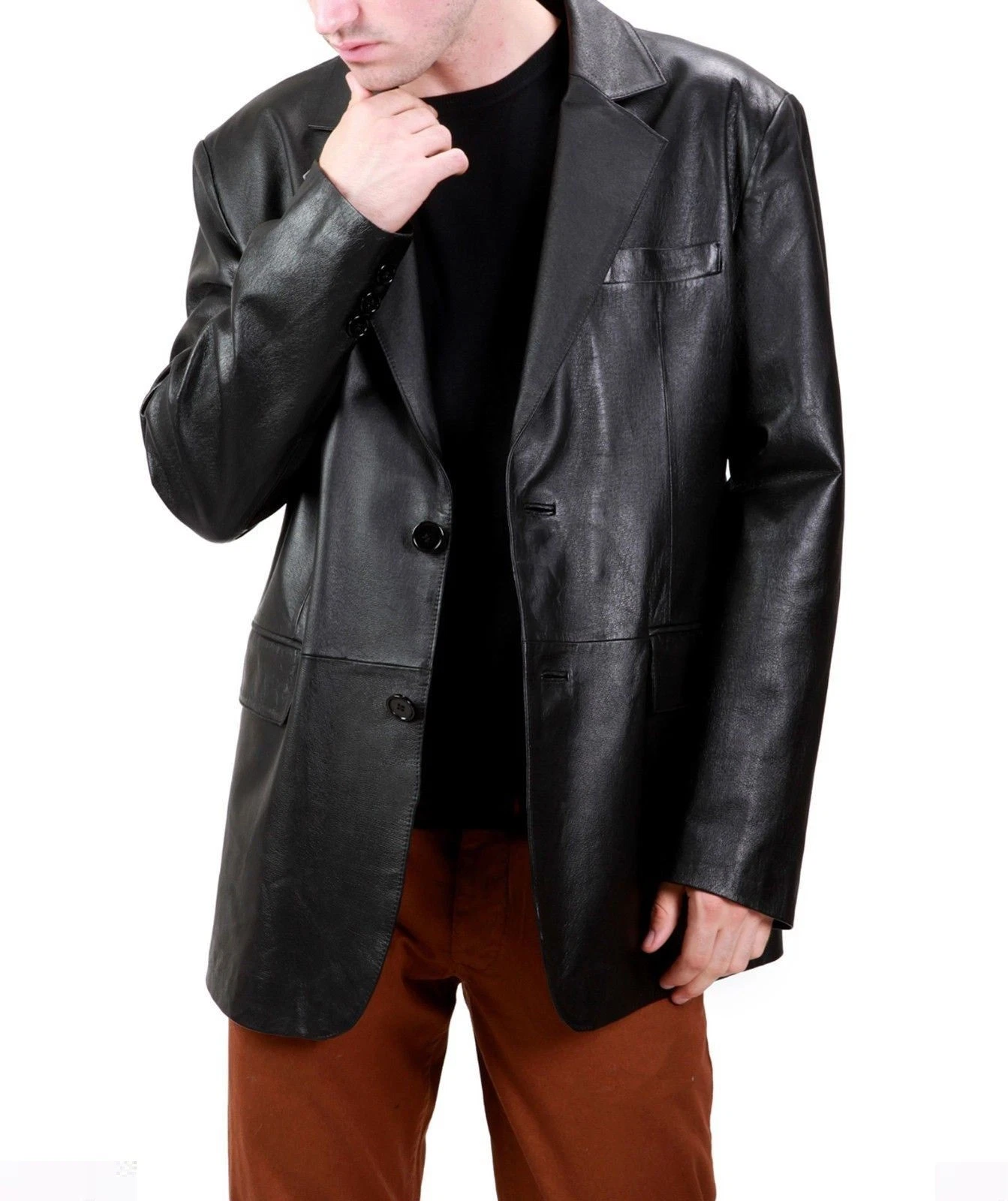 Leather Blazer Jacket Men's Coat Lambskin Soft Men Two Real Button 100% Black 89