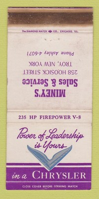 #ad Matchbook Cover Miney#x27;s Chrysler oil gas Troy NY WORN 30 Strike $4.02