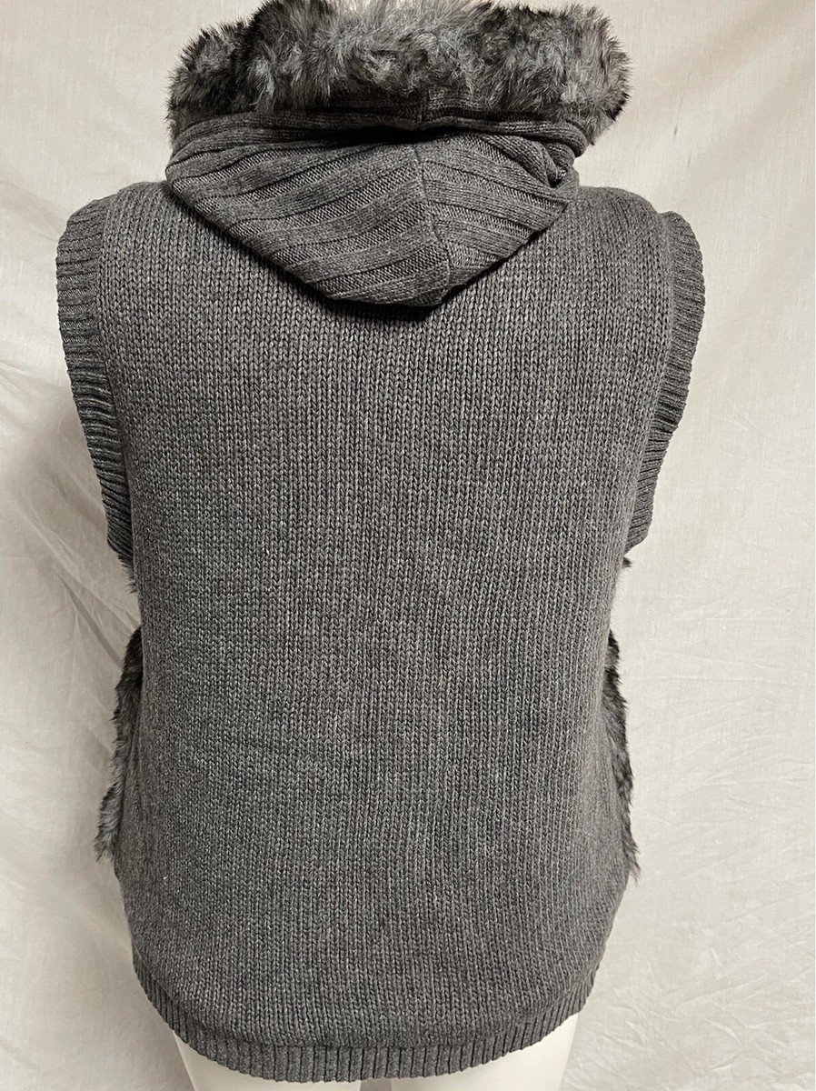 GREEN TEA Hooded Sweater Faux Fur Vest Grey Cable Knit Pockets