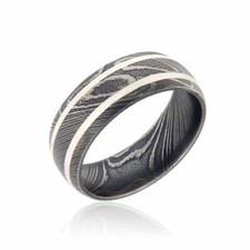New 8mm Wide Damascus Steel Ring with Double Solid Silver Inlay