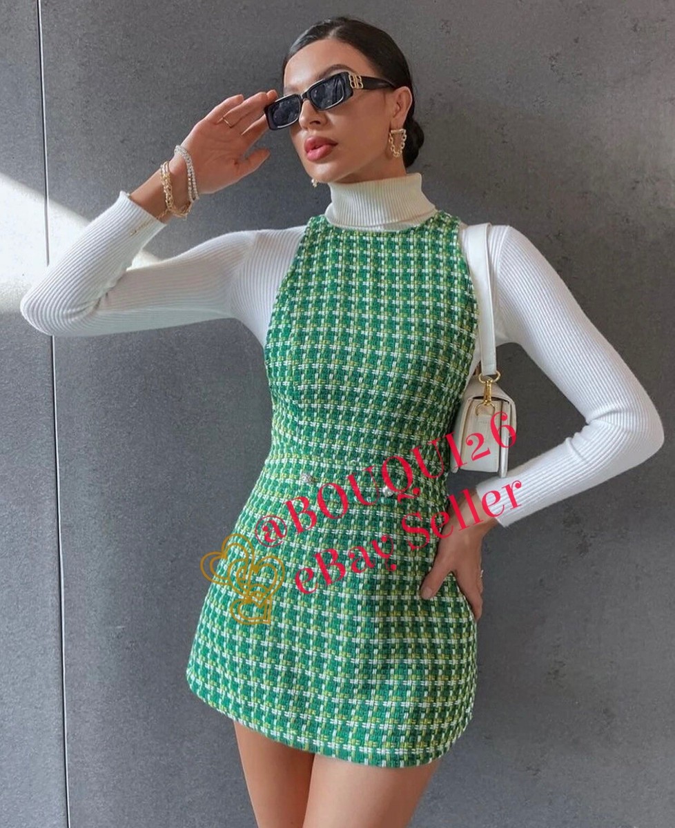 zara green houndstooth dress ZARA NEW WOMAN SHORT HOUNDSTOOTH TEXTURED PINAFORE DRESS GREEN XS-XL  8776/122