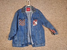 Vtg Venezia Womens Retro Denim Jacket 90s Plaid Patchwork Blue Jeans Size 14/16