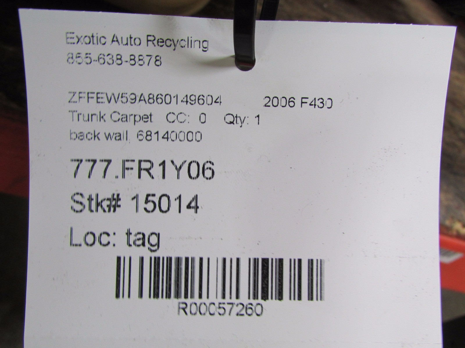 Ferrari F430, Back Wall Trunk Carpet w/ Black Belts, Used, Burnt, P/N 68140000