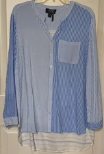 FDJ French Dressing Jeans Top Button-Up Blouse BLUE Multi-Stripe Womens Size 14