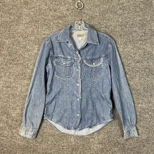 Vintage Guess Womens Denim Western Shirt Size Medium Blue Pearl Snap Whipstitch