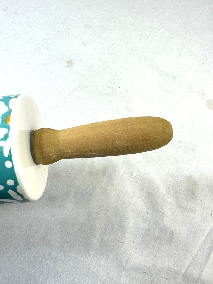 Rodillo de cerámica margarita mercado de pulgas mujer pionera 18" asas de madera turquesa Foto 4 de 4